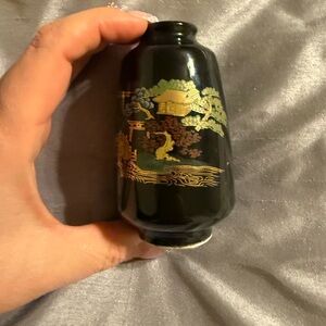 Asian Black Vase with Gold and Green Design